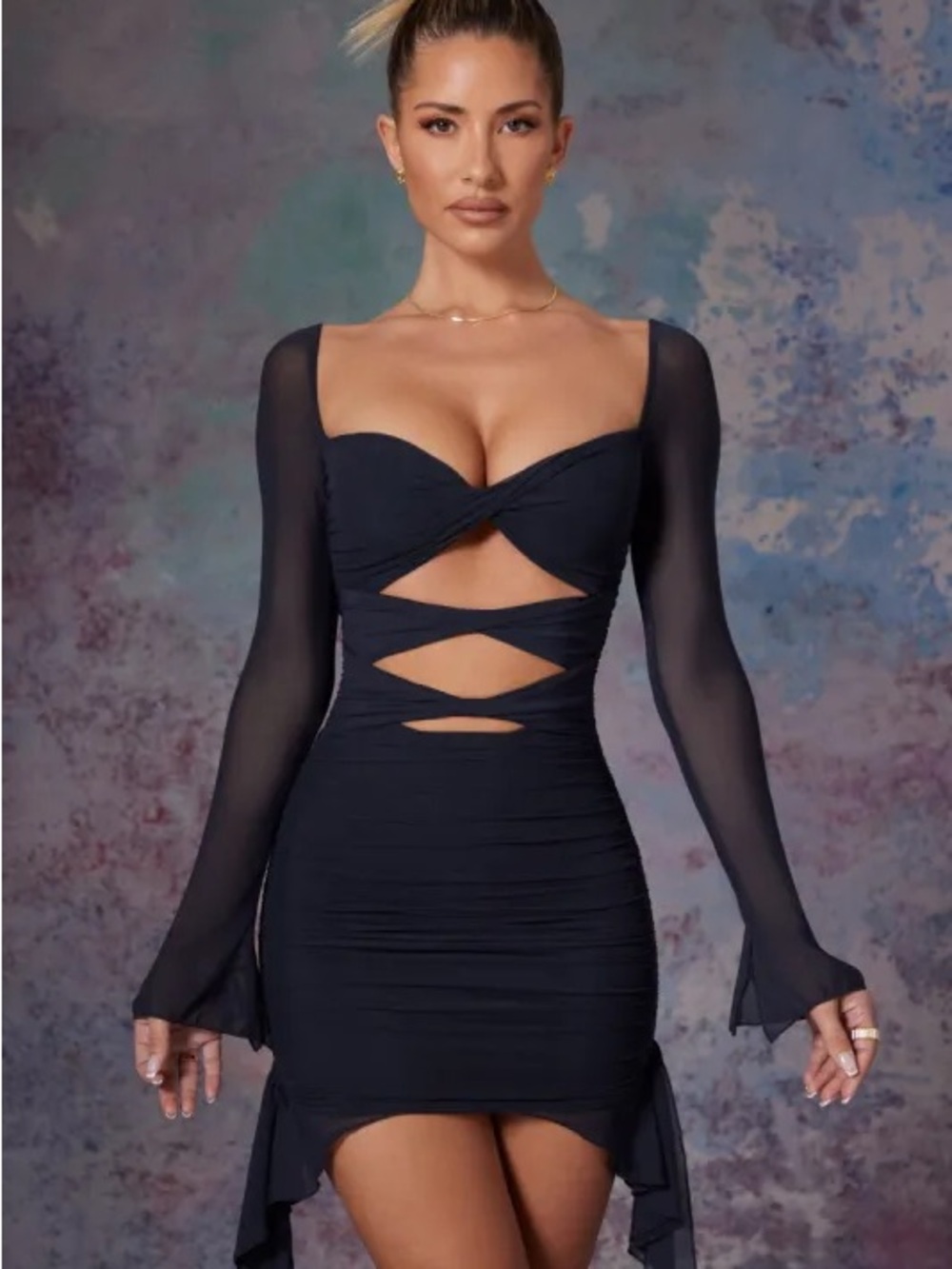 Oh Polly Black Cutout Mesh-Sleeve Bodycon Dress